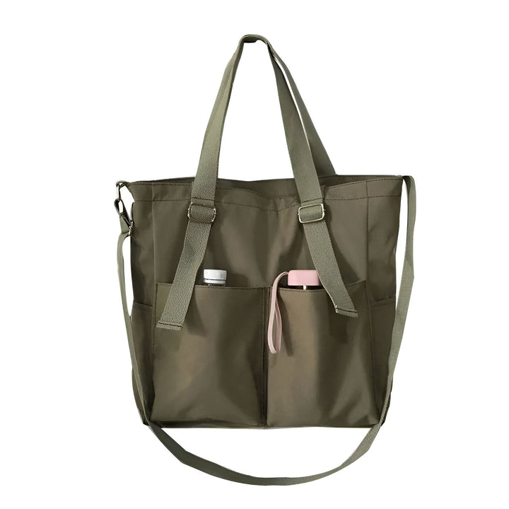 Sac cabas vert kaki avec poches frontales, anses et bandoulière., 46193874796768,46193874829536,46193874862304
