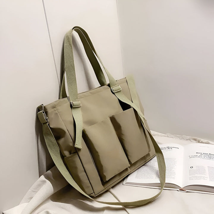 Sac fourre-tout beige avec bretelles vertes et poches frontales, 46193874796768,46193874829536,46193874862304