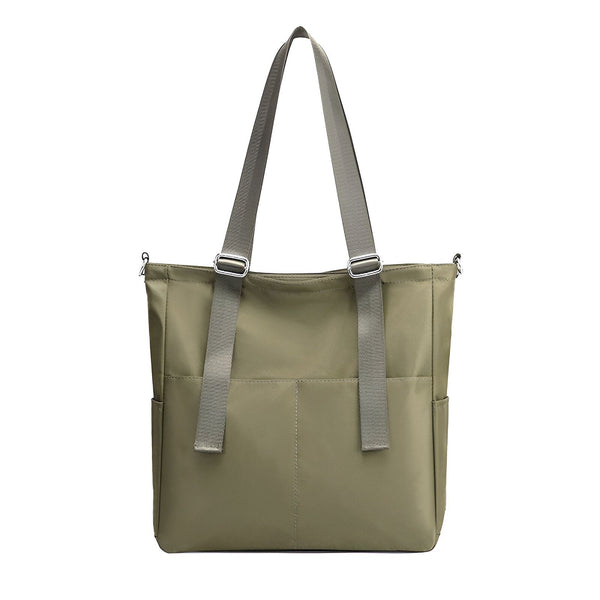 Tote bag kaki en nylon avec poches extérieures et anses grises, 46193874796768,46193874829536,46193874862304