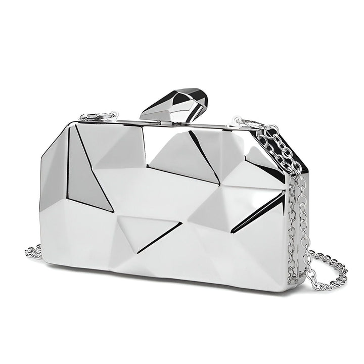 Sac pochette de soirée argenté, design géométrique, chaîne métal., 46194013569248,46194013602016,46194013634784
