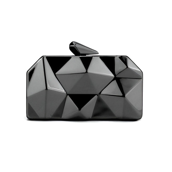 Pochette noire géométrique brillante avec fermoir pointu., 46194013569248,46194013602016,46194013634784