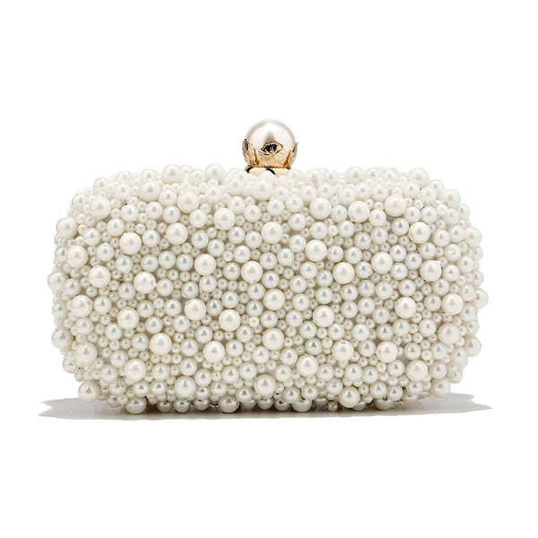 Pochette blanche recouverte de perles, fermoir doré., 46193928896736,46193928929504