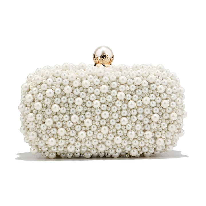 Pochette blanche recouverte de perles, fermoir doré., 46193928896736,46193928929504
