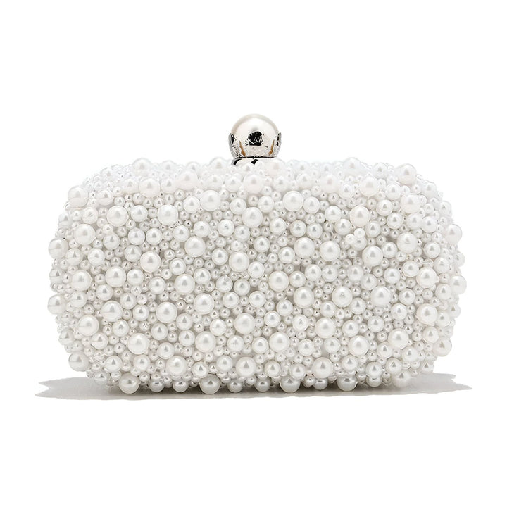 Sac pochette blanc recouvert de perles, fermoir argenté et perle., 46193928896736,46193928929504
