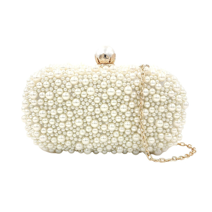 Pochette de soirée blanche entièrement perlée avec chaîne dorée., 46193928896736,46193928929504