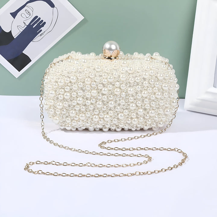 Élégant sac pochette blanc orné de perles avec chaîne dorée, 46193928896736,46193928929504
