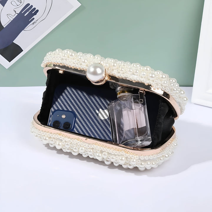 Pochette de soirée ouverte couverte de perles, avec téléphone et parfum, 46193928896736,46193928929504