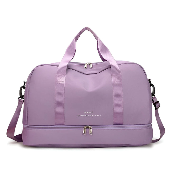 Sac de voyage violet clair avec anses, bandoulière et compartiments zippés, 46193918902496,46193918935264,46193918968032,46193919000800