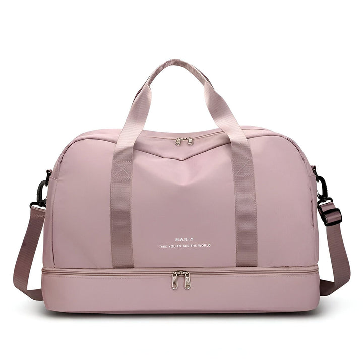 Sac de sport/voyage rose mauve avec poignées et bandoulière, compartiment inférieur zippé., 46193918902496,46193918935264,46193918968032,46193919000800