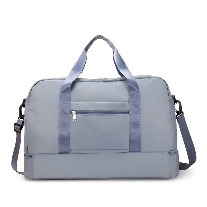 Sac de sport gris avec poignées, bandoulière et poche zippée., 46193918902496,46193918935264,46193918968032,46193919000800