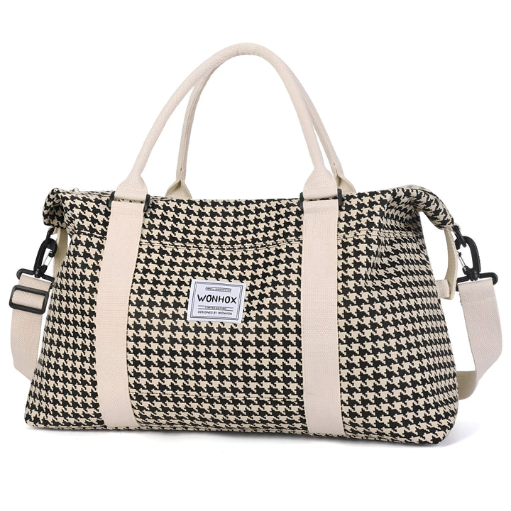 Sac de voyage motif pied-de-poule noir et blanc avec anses et bandoulière beiges., 46193914216672,46193914249440,46193914282208,46193914314976,46193914347744,46193914380512