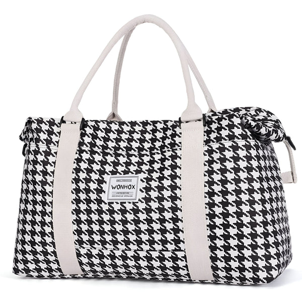 Sac de voyage motif pied-de-poule noir et blanc avec anses claires., 46193914216672,46193914249440,46193914282208,46193914314976,46193914347744,46193914380512