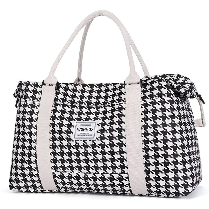 Sac de voyage motif pied-de-poule noir et blanc avec anses claires., 46193914216672,46193914249440,46193914282208,46193914314976,46193914347744,46193914380512