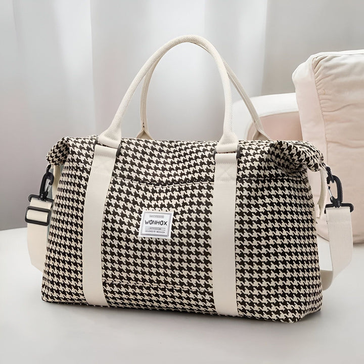 Sac de voyage pied-de-poule noir et blanc avec poignées et bandoulière crème, 46193914216672,46193914249440,46193914282208,46193914314976,46193914347744,46193914380512
