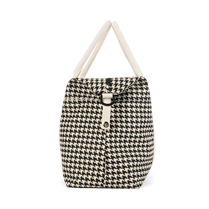 Sac pied-de-poule noir et blanc avec anses claires., 46193914216672,46193914249440,46193914282208,46193914314976,46193914347744,46193914380512