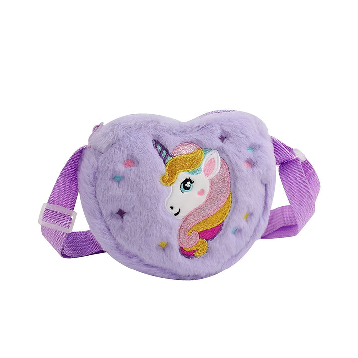 Sac cœur violet en peluche avec licorne brodée pailletée et bandoulière réglable., 46193985749216,46193985781984,46193985814752,46193985847520
