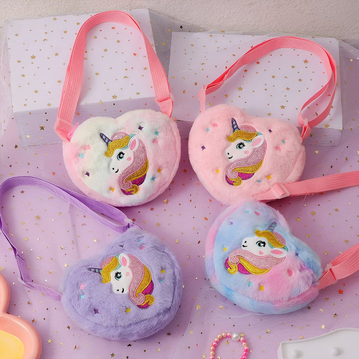 Quatre sacs licorne en peluche en forme de cœur couleurs pastel pour enfants., 46193985749216,46193985781984,46193985814752,46193985847520