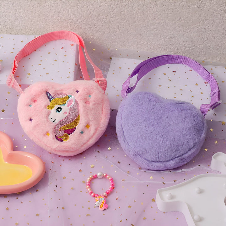 Deux sacs en forme de cœur en peluche pour enfants, rose licorne et violet., 46193985749216,46193985781984,46193985814752,46193985847520