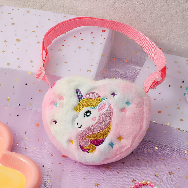 Sac cœur rose tout doux avec licorne brodée scintillante et bandoulière rose., 46193985749216,46193985781984,46193985814752,46193985847520