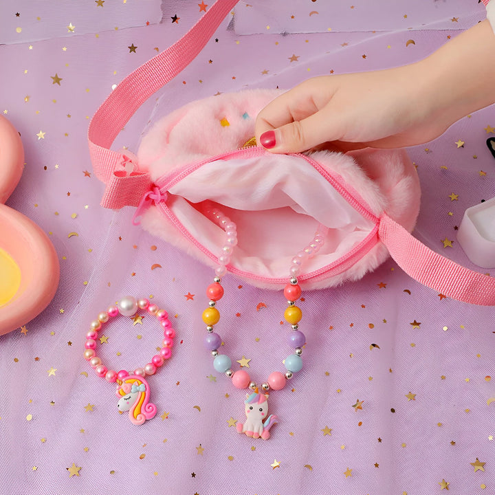 Sac rose moelleux, collier et bracelet licorne perlés colorés pour enfant., 46193985749216,46193985781984,46193985814752,46193985847520