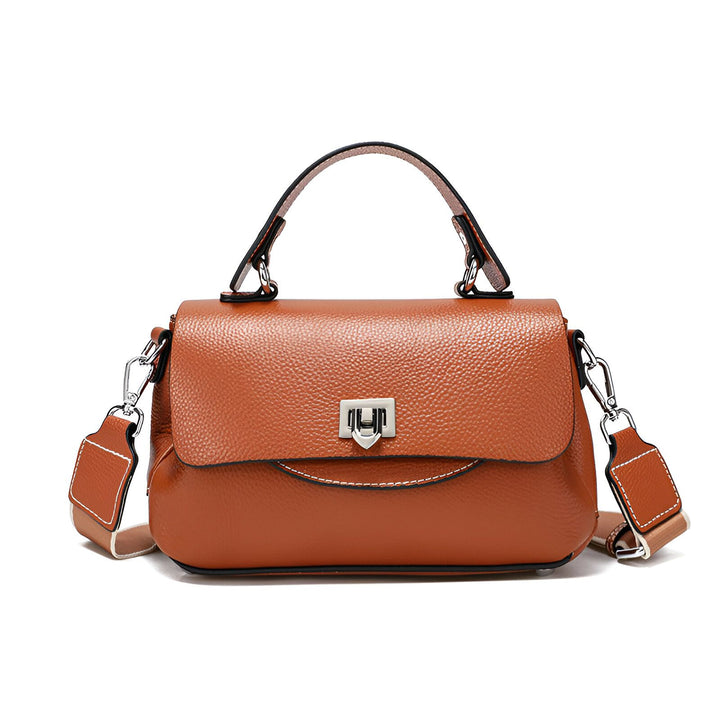 Sac à main et bandoulière en cuir camel avec fermoir argenté, 46193852252384
