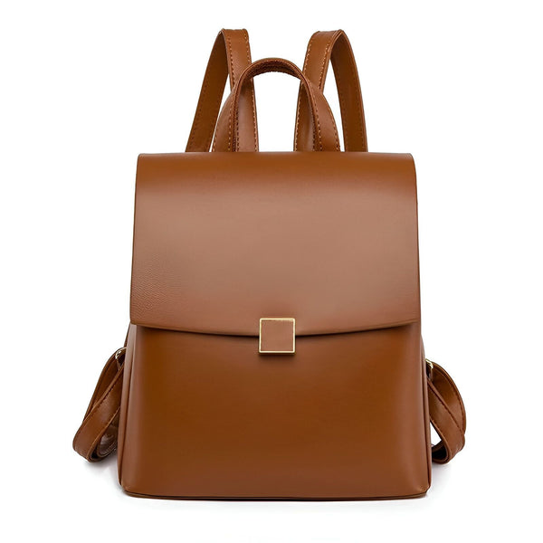 Sac à dos marron avec rabat et fermoir carré doré., 46193897504992,46193897537760,46193897570528,46193897603296