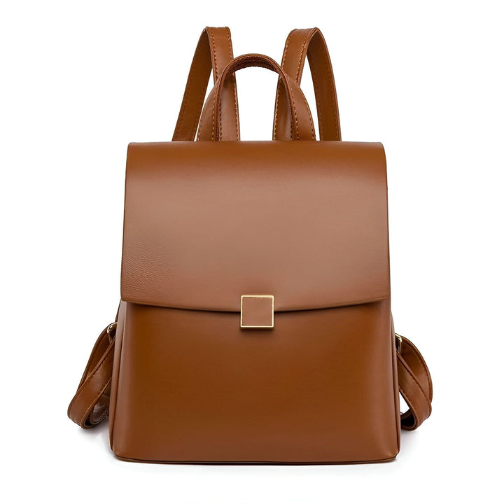 Sac à dos marron avec rabat et fermoir carré doré., 46193897504992,46193897537760,46193897570528,46193897603296