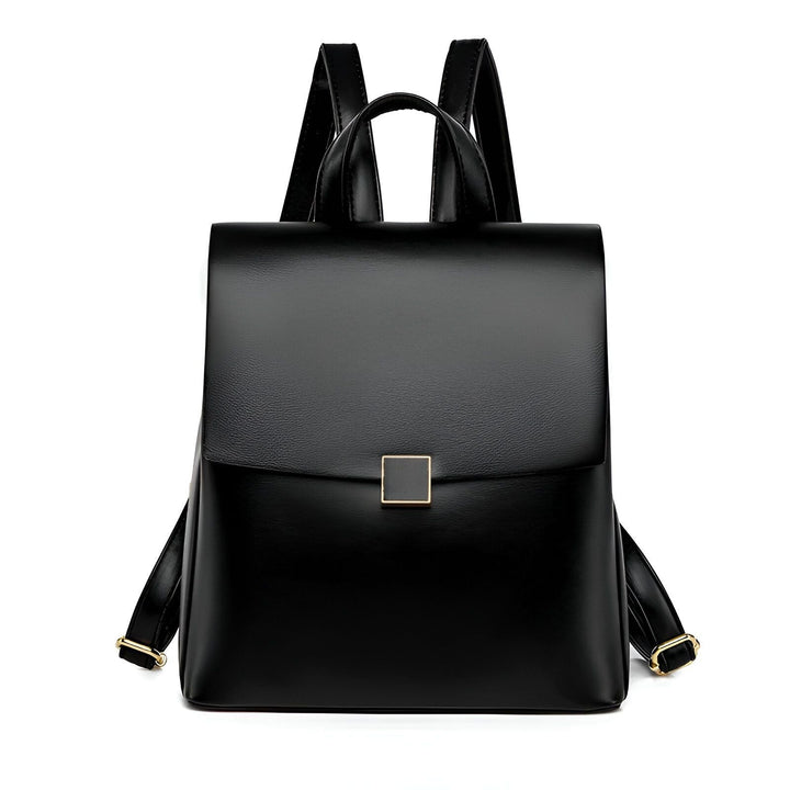 Sac à dos noir en simili cuir avec rabat et fermoir carré doré., 46193897504992,46193897537760,46193897570528,46193897603296