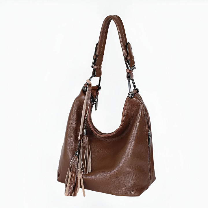Sac à main hobo en cuir grainé marron avec bandoulière et pompons décoratifs, 46193849499872