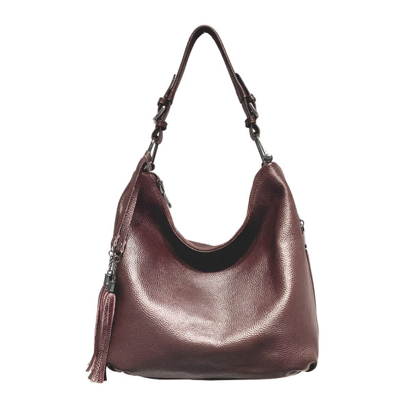 Sac à main hobo bordeaux métallisé avec pompon, 46193849499872