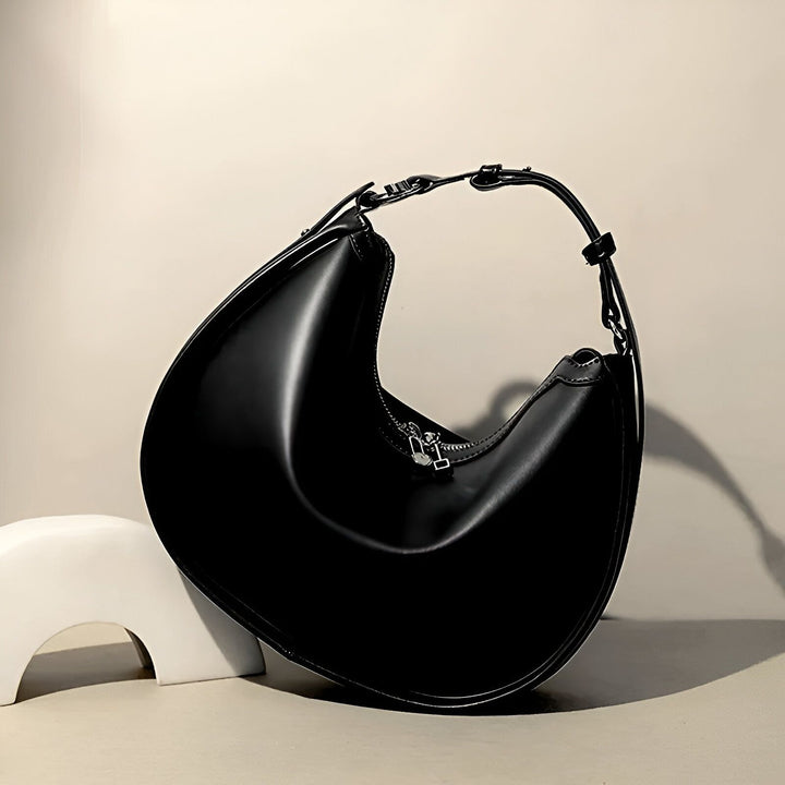 Sac à main noir brillant style hobo, bandoulière et zip, 46193867751648