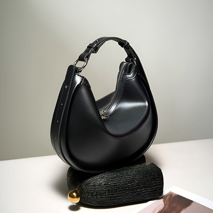 Sac hobo noir en cuir lisse avec fermeture éclair, 46193867751648