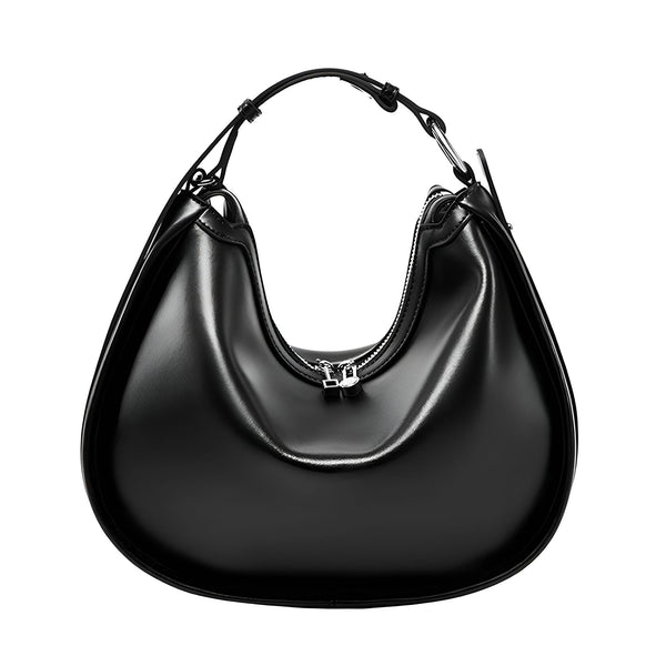 Sac à main noir brillant forme croissant avec fermeture éclair, 46193867751648