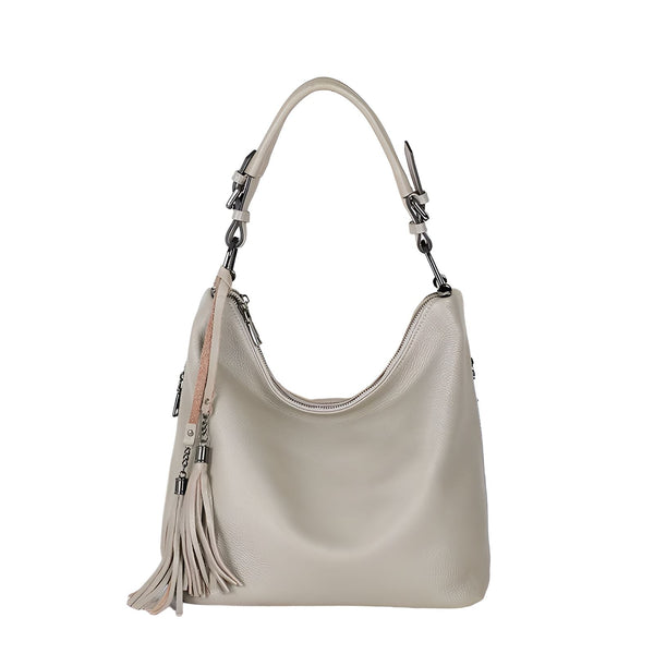 Sac à main en cuir beige clair avec bandoulière et pompon, 46193838129376,46193838162144,46193838194912,46193838227680,46193838260448,46193838293216,46193838325984