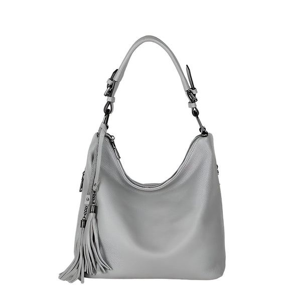 Sac à main hobo en cuir grainé gris clair avec bandoulière, fermeture éclair et grand pompon latéral., 46193838129376,46193838162144,46193838194912,46193838227680,46193838260448,46193838293216,46193838325984