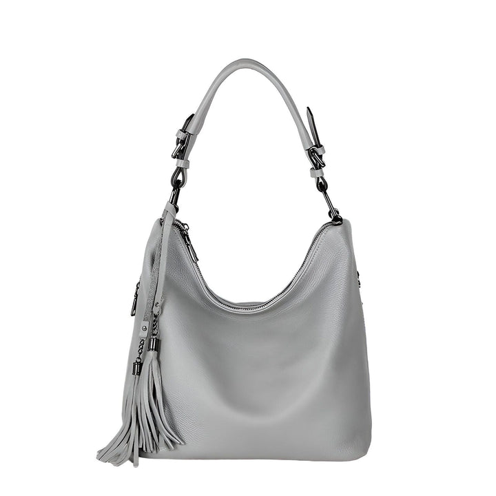 Sac à main hobo en cuir grainé gris clair avec bandoulière, fermeture éclair et grand pompon latéral., 46193838129376,46193838162144,46193838194912,46193838227680,46193838260448,46193838293216,46193838325984