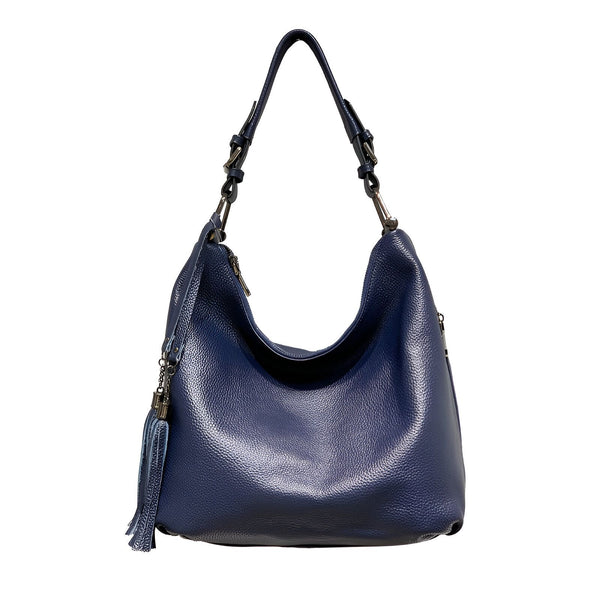 Sac à main porté épaule en cuir grainé bleu marine avec pompon., 46193838129376,46193838162144,46193838194912,46193838227680,46193838260448,46193838293216,46193838325984