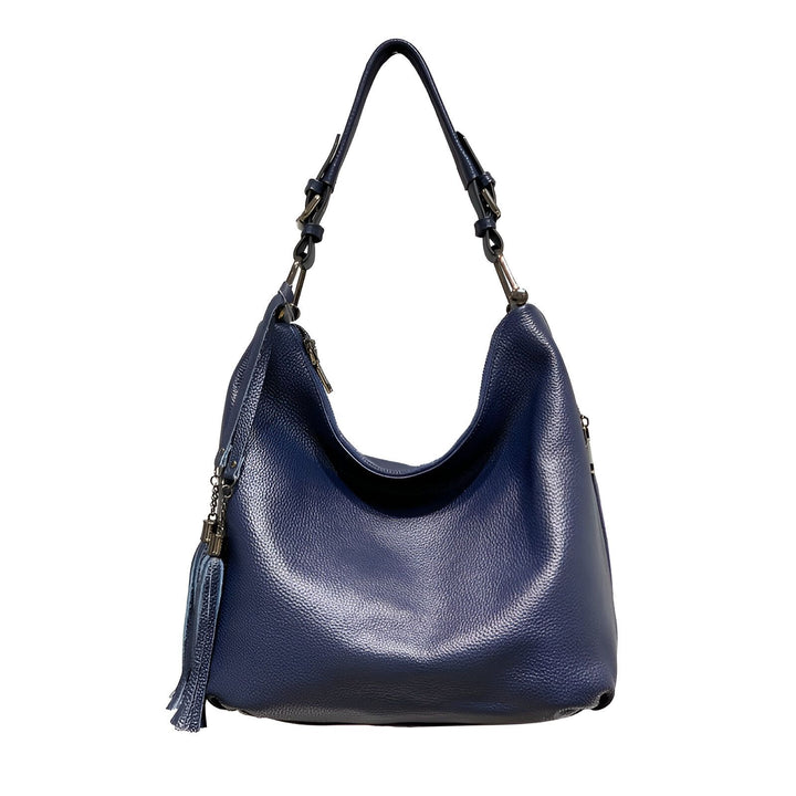 Sac à main porté épaule en cuir grainé bleu marine avec pompon., 46193838129376,46193838162144,46193838194912,46193838227680,46193838260448,46193838293216,46193838325984