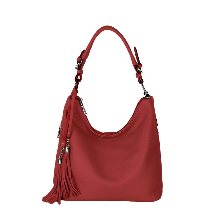 Sac à main hobo en cuir rouge avec bandoulière, fermeture éclair et pompon décoratif., 46193838129376,46193838162144,46193838194912,46193838227680,46193838260448,46193838293216,46193838325984