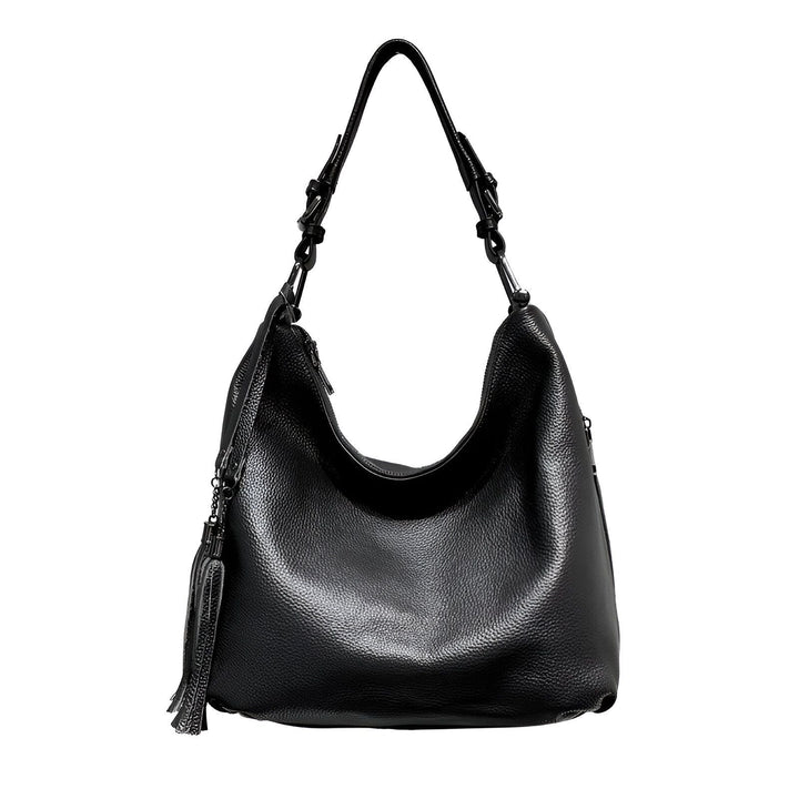 Sac à main hobo en cuir noir avec pompon, 46193838129376,46193838162144,46193838194912,46193838227680,46193838260448,46193838293216,46193838325984