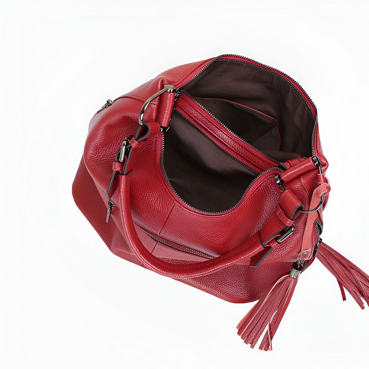 Sac à main rouge en cuir grainé, ouvert, avec intérieur doublé et pompons décoratifs, 46193838129376,46193838162144,46193838194912,46193838227680,46193838260448,46193838293216,46193838325984
