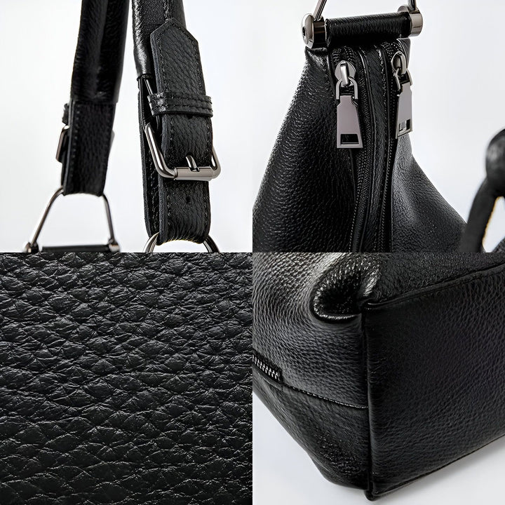 Image montrant les détails d'un sac à main en cuir noir: anses, boucles, fermetures éclair, texture du cuir., 46193838129376,46193838162144,46193838194912,46193838227680,46193838260448,46193838293216,46193838325984