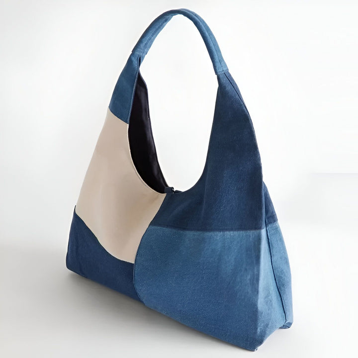 Sac épaule en jean patchwork bleu et beige, 46193996628192