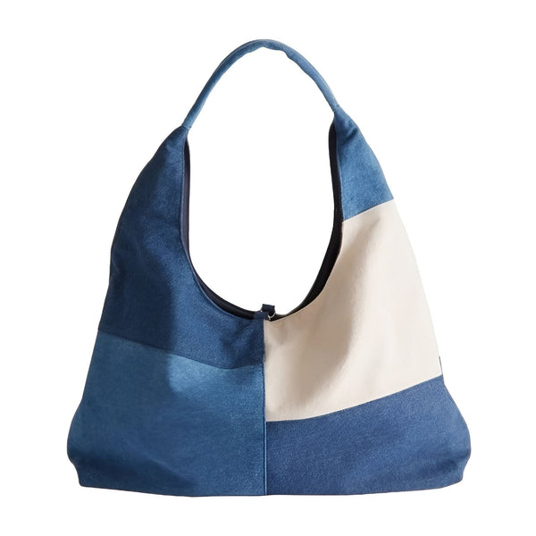 Sac hobo en patchwork de tissu bleu et beige, 46193996628192