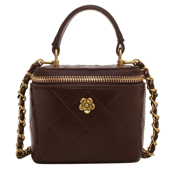 Petit sac marron foncé matelassé, bandoulière chaîne dorée, poignée et détail fleur or., 46193974739168,46193974771936,46193974804704,46193974837472,46193974870240