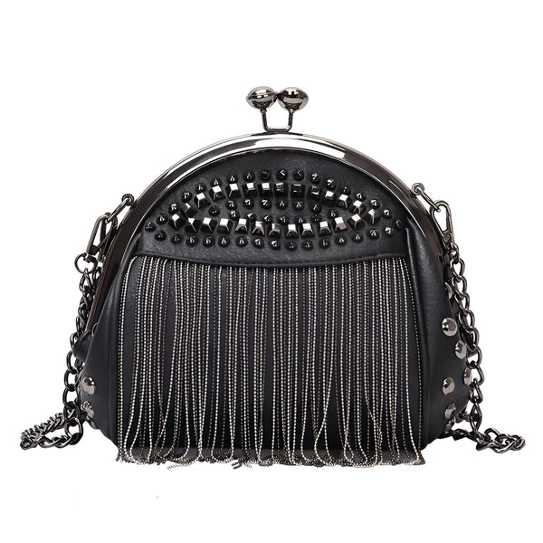 Sac à main noir avec fermoir, clous, franges métalliques et chaîne, 46193948852448