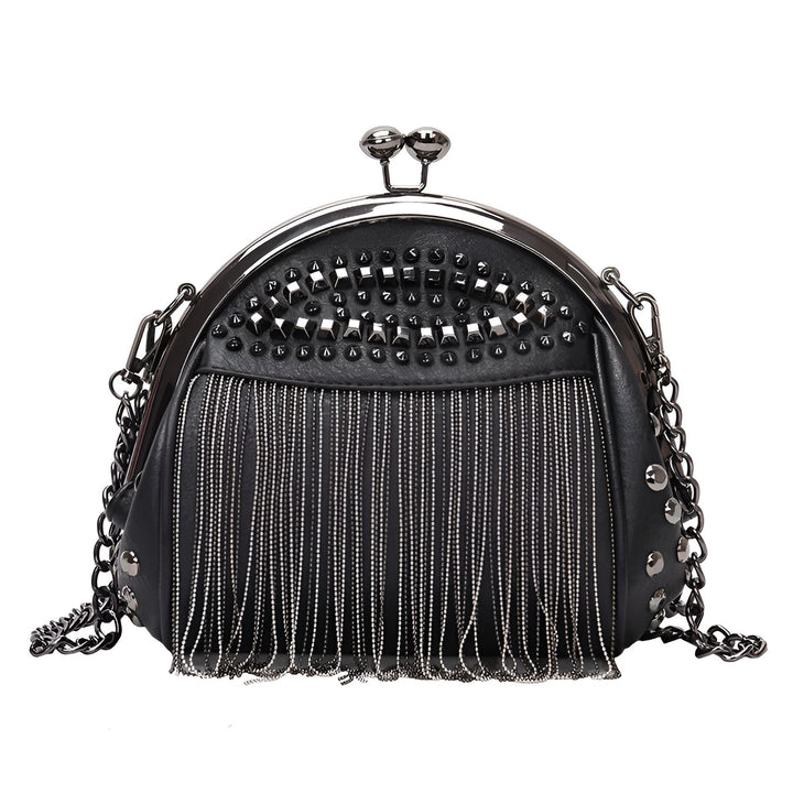 Sac à main noir avec fermoir, clous, franges métalliques et chaîne, 46193948852448