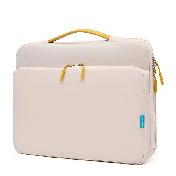 Sacoche ordinateur beige avec poignée jaune et poche extérieure, 46193910022368,46193910055136,46193910087904,46193910120672,46193910153440,46193910186208,46193910218976,46193910251744,46193910284512,46193910317280,46193910350048,46193910382816