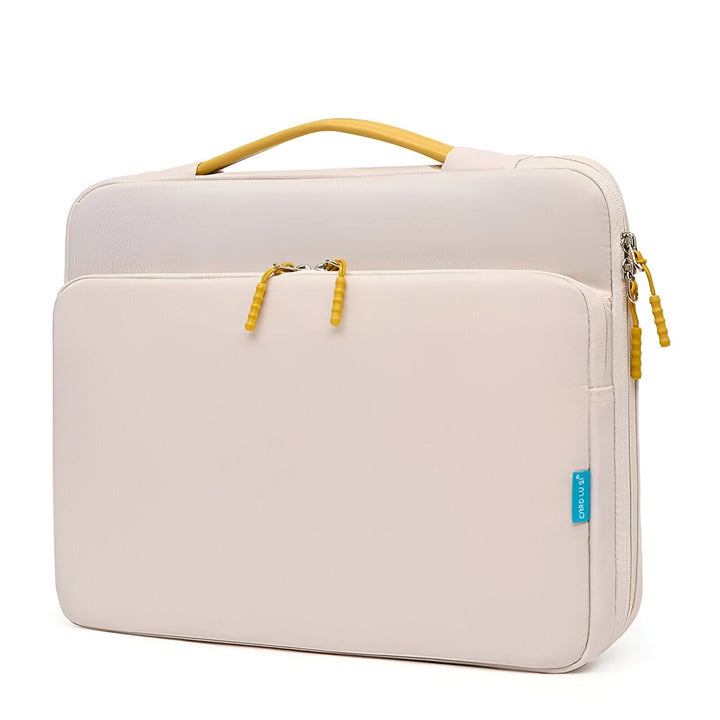 Sacoche ordinateur beige avec poignée jaune et poche extérieure, 46193910022368,46193910055136,46193910087904,46193910120672,46193910153440,46193910186208,46193910218976,46193910251744,46193910284512,46193910317280,46193910350048,46193910382816