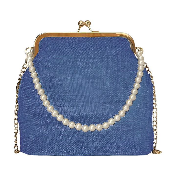 Pochette bleue avec fermeture dorée et poignée chaîne dorée et perles., 46193949081824,46193949114592,46193949147360